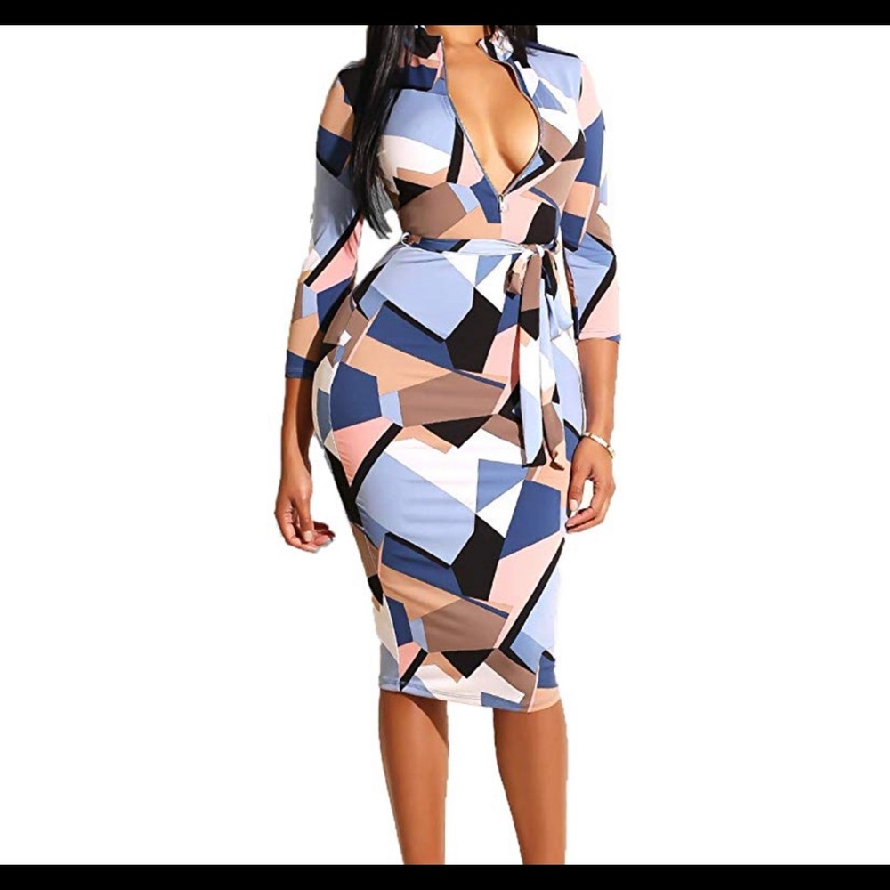 Sexy Floral Print Long Sleeve Zip Bodycon Dress